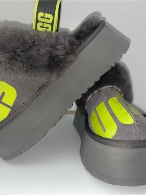 UGG Gray Shearling Funkette Platform Slippers with Neon Yellow Logo